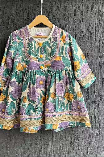 Purple printed cotton silk kurti set
