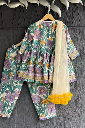 Purple printed cotton silk kurti set