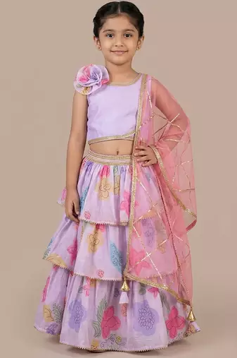 Lilac printed mul chanderi lehenga set