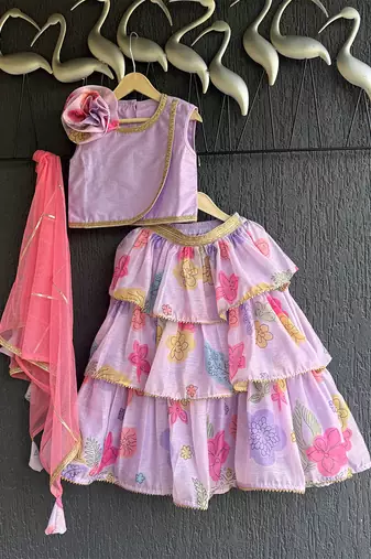 Lilac printed mul chanderi lehenga set