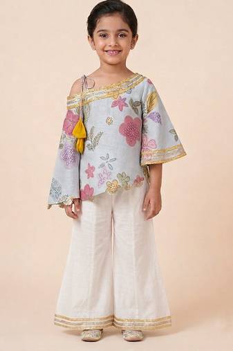 Blue off white printed mul chanderi co ord set