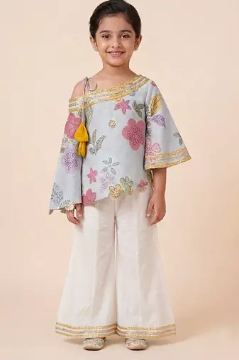 Blue off white printed mul chanderi co ord set
