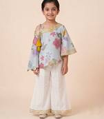 Blue off white printed mul chanderi co ord set