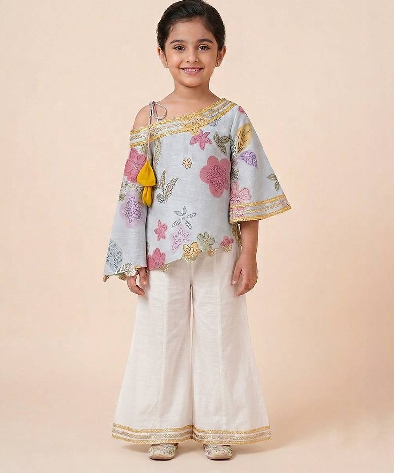 Blue off white printed mul chanderi co ord set
