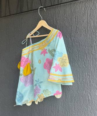 Blue off white printed mul chanderi co ord set 2
