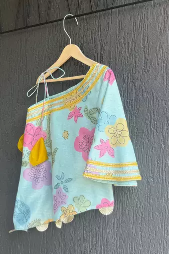 Blue off white printed mul chanderi co ord set