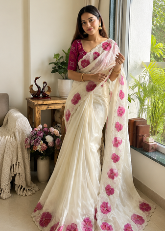 Rani Pink Color Beautiful Aplic work with sequins  Embroidery Work Silk Blend Saree