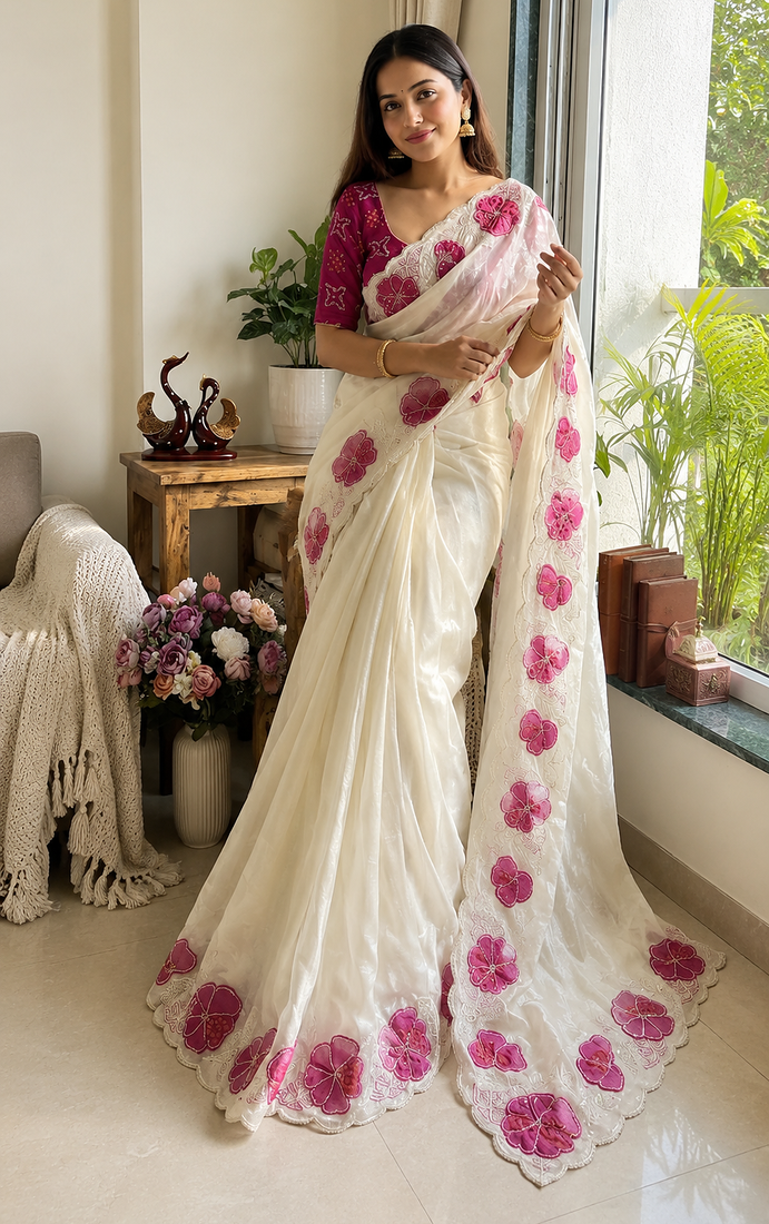Rani Pink Color Beautiful Aplic work with sequins  Embroidery Work Silk Blend Saree