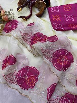Rani Pink Color Beautiful Aplic work with sequins  Embroidery Work Silk Blend Saree 3