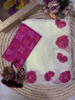 Rani Pink Color Beautiful Aplic work with sequins  Embroidery Work Silk Blend Saree 5