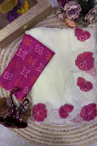 Rani Pink Color Beautiful Aplic work with sequins  Embroidery Work Silk Blend Saree