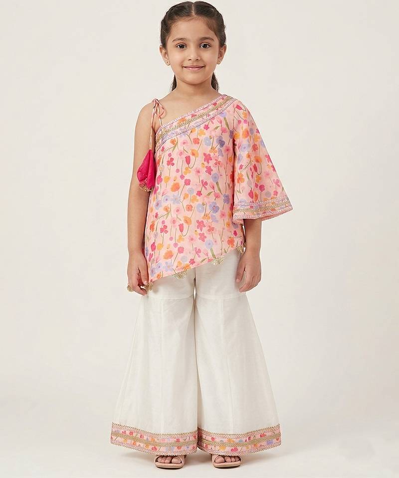 Pink off white printed mul chanderi co ord set