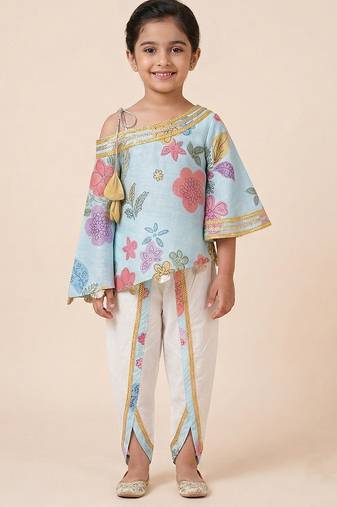 Blue off white printed mul chanderi dhoti kurti set