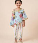 Blue off white printed mul chanderi dhoti kurti set