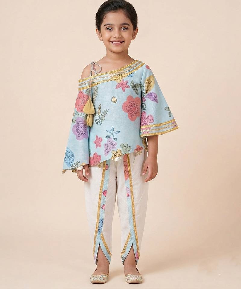 Blue off white printed mul chanderi dhoti kurti set
