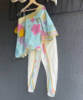 Blue off white printed mul chanderi dhoti kurti set 2