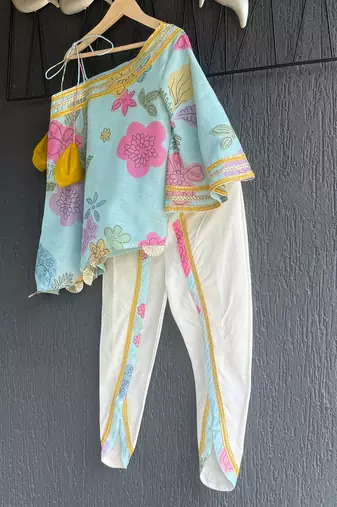 Blue off white printed mul chanderi dhoti kurti set