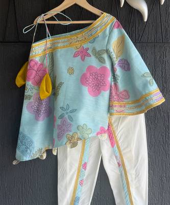 Blue off white printed mul chanderi dhoti kurti set 3