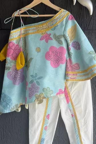 Blue off white printed mul chanderi dhoti kurti set