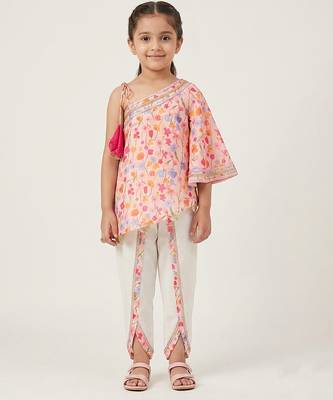Pink off white printed mul chanderi dhoti kurti set 1
