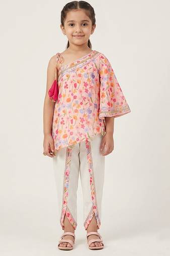 Pink off white printed mul chanderi dhoti kurti set