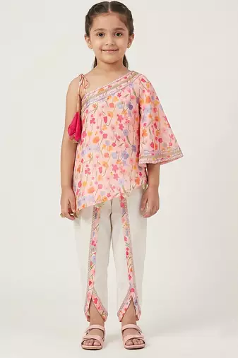 Pink off white printed mul chanderi dhoti kurti set