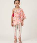 Pink off white printed mul chanderi dhoti kurti set