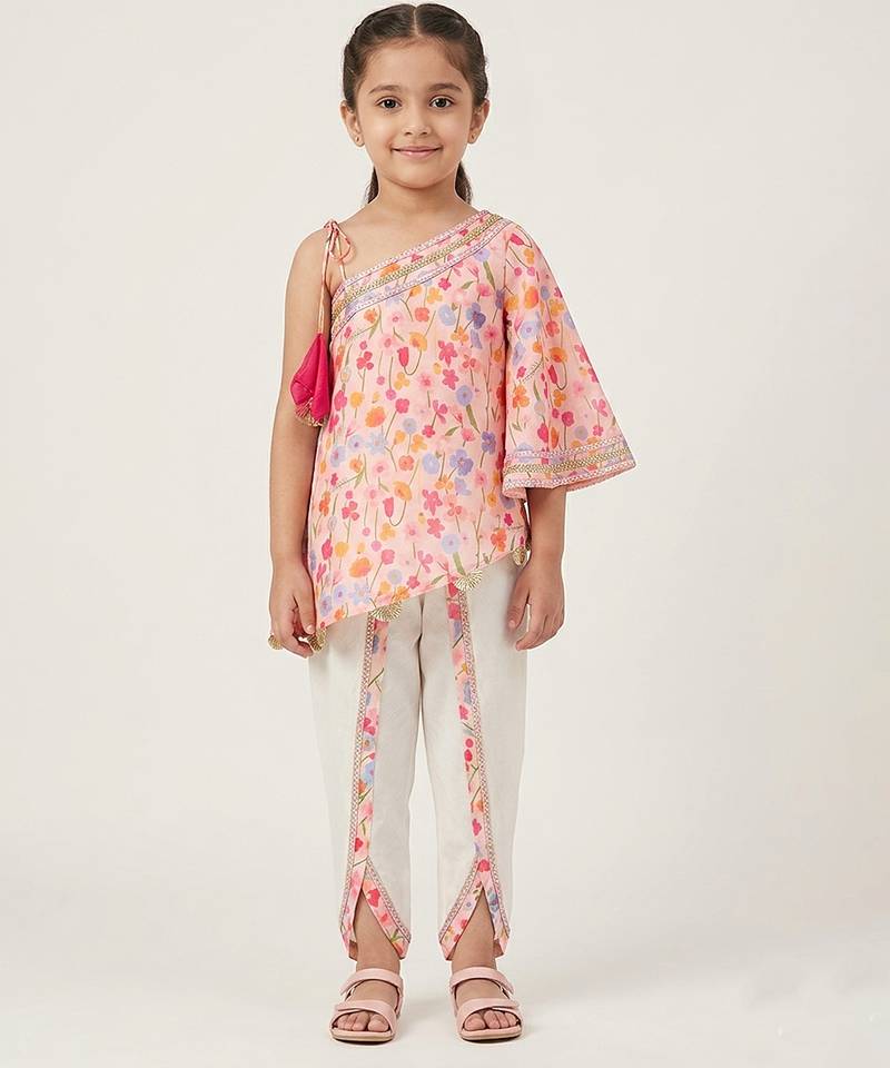 Pink off white printed mul chanderi dhoti kurti set