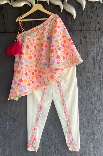 Pink off white printed mul chanderi dhoti kurti set