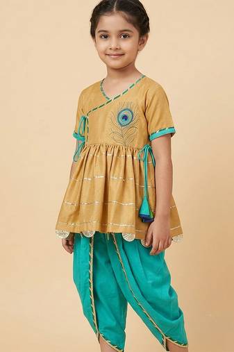 Beige green embroidered cotton silk angrakha set