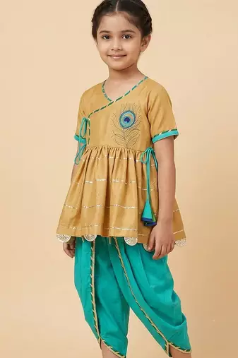 Beige green embroidered cotton silk angrakha set
