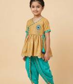 Beige green embroidered cotton silk angrakha set