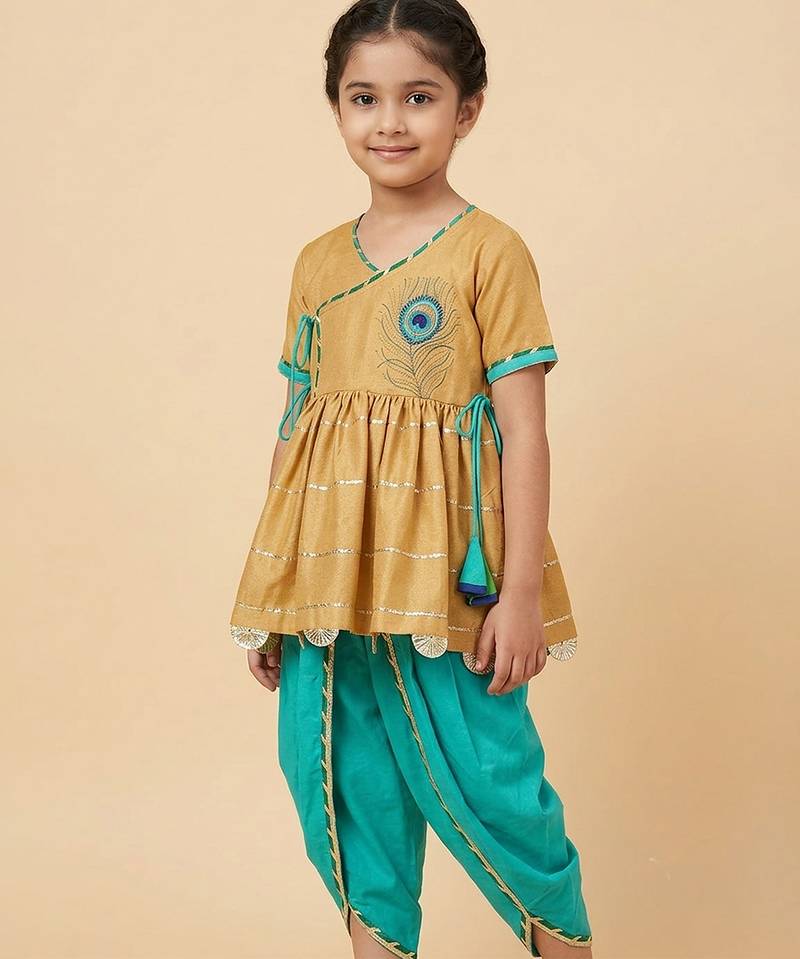 Beige green embroidered cotton silk angrakha set