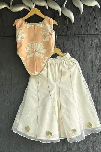 Pink off white printed cotton silk co ord set
