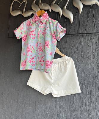 Blue pink printed cotton slub co ord set 2