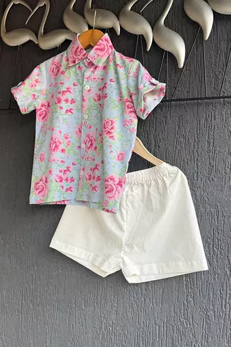 Blue pink printed cotton slub co ord set
