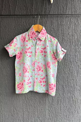 Blue pink printed cotton slub co ord set