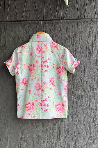 Blue pink printed cotton slub co ord set