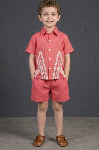 deep pink embroidered cotton slub co ord set