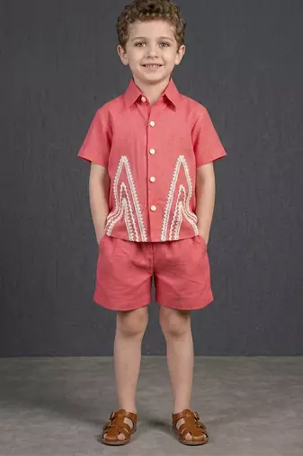 deep pink embroidered cotton slub co ord set