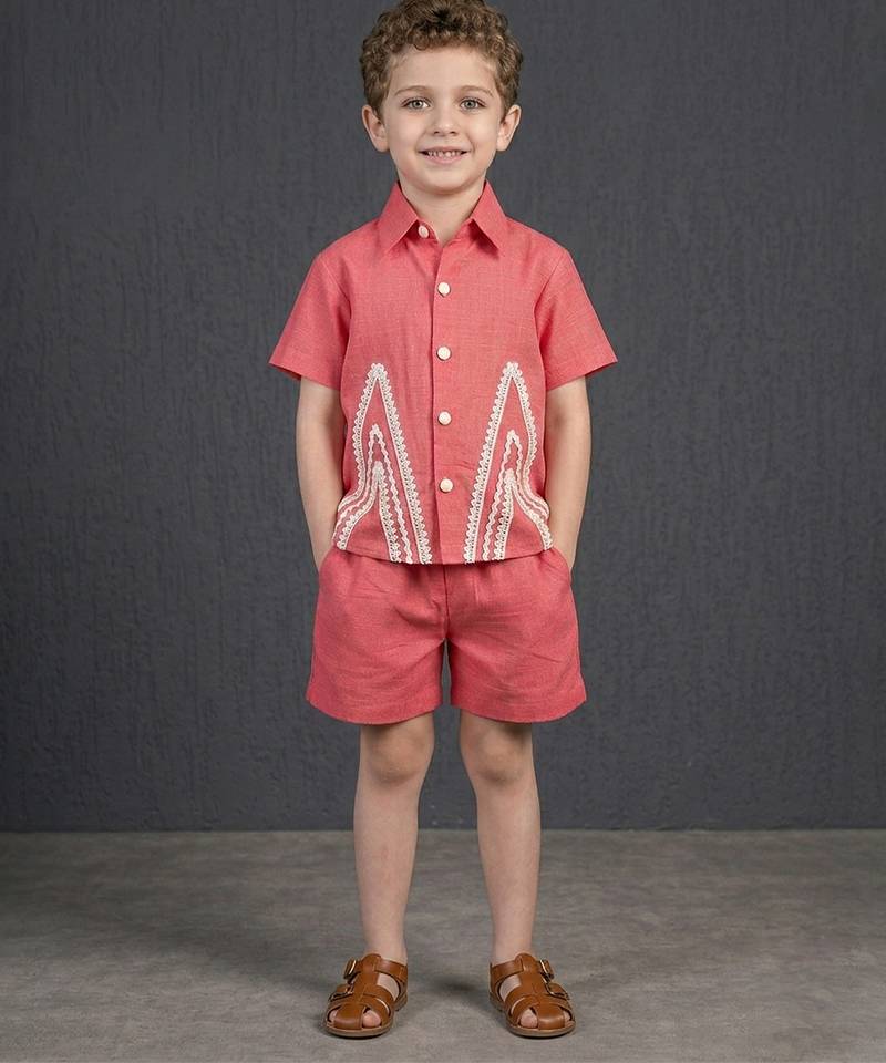 deep pink embroidered cotton slub co ord set