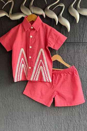 deep pink embroidered cotton slub co ord set