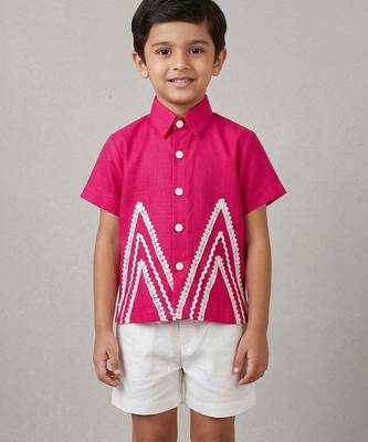 Deep pink embroidered cotton slub co ord set 1