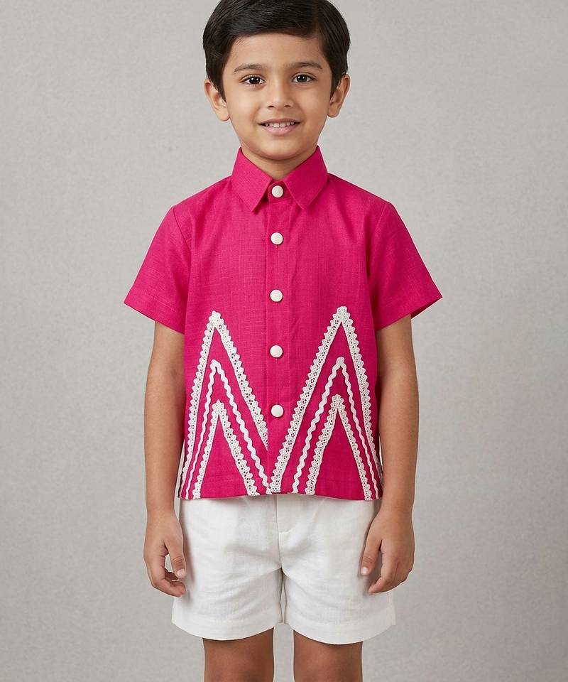 Deep pink embroidered cotton slub co ord set