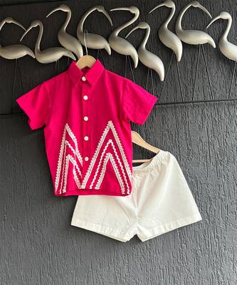 Deep pink embroidered cotton slub co ord set 2