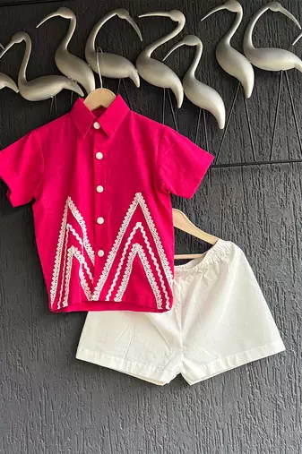 Deep pink embroidered cotton slub co ord set