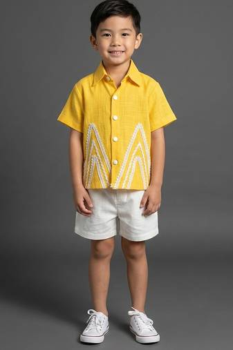 Yellow embroidered cotton slub co ord set