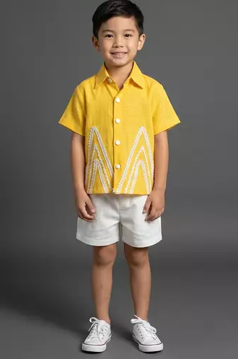 Yellow embroidered cotton slub co ord set