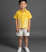 Yellow embroidered cotton slub co ord set