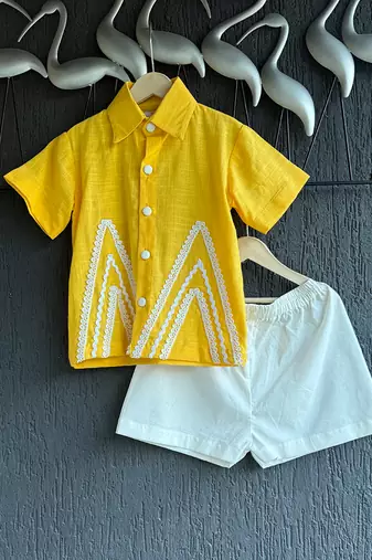 Yellow embroidered cotton slub co ord set